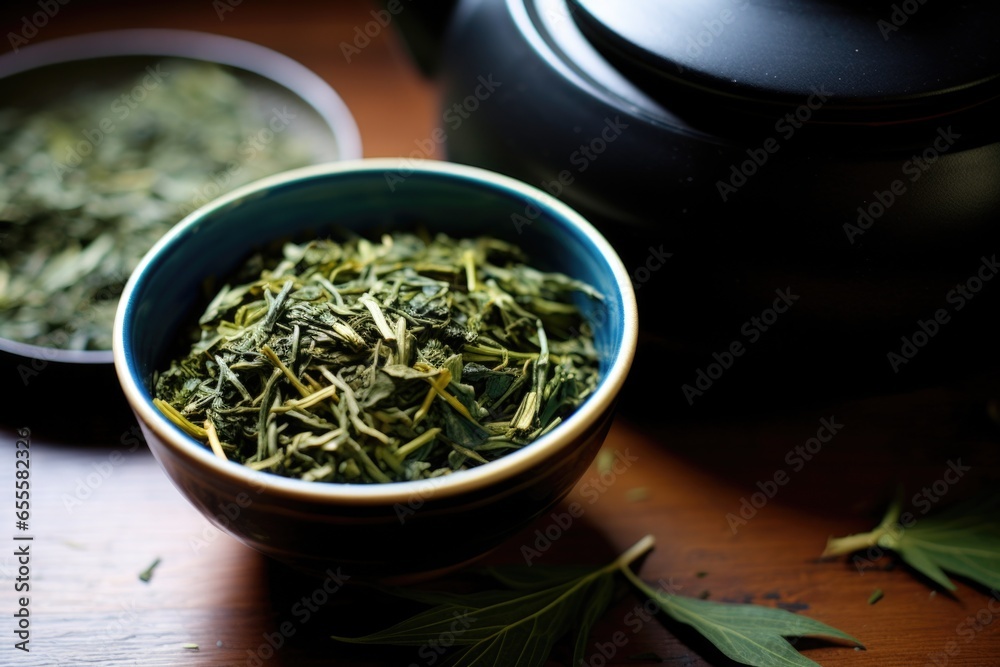 Poster a pot of green tea next to dried leaves