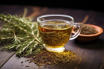 a cup of herbal tea next to dried herbs