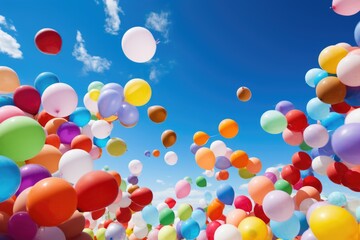 dozens of colorful balloons flying against a blue sky