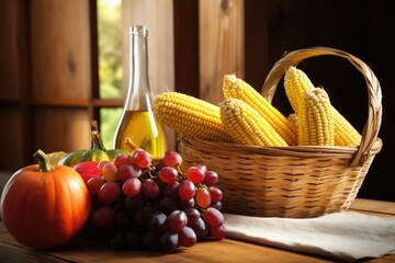corn cobs and fruit basket on a table