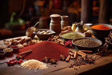 different kind of spices arranged on a wooden table