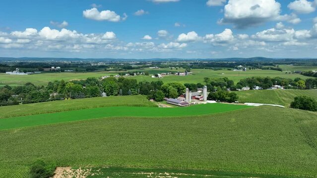 Sprawling farmland in USA. American farm scene in rural USA. Agriculture theme on summer sunny day. Aerial.