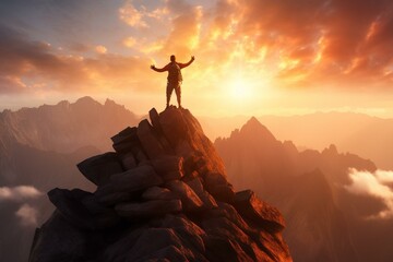 Feel the excitement as a hiker conquers a challenging mountain peak during sunset. Generative AI