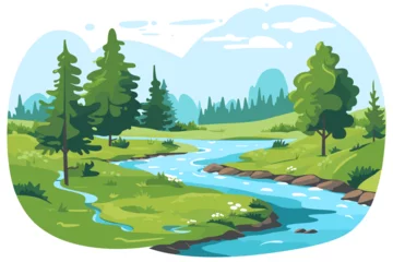 Fotobehang Landscape with river and forest in flat style. Vector illustration. © Vibrands Studio