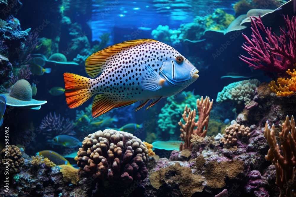 Wall mural a tropical fish swimming around its aquarium