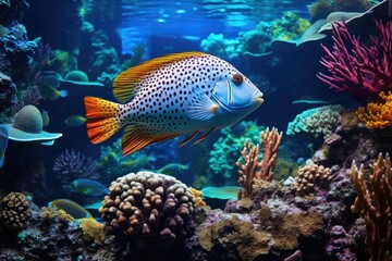 a tropical fish swimming around its aquarium