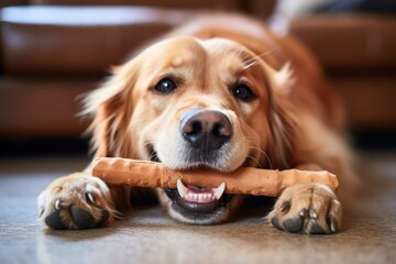 a dog chewing a dental care bone - obrazy, fototapety, plakaty