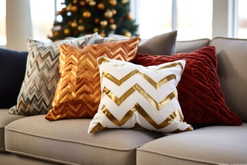 festive throw pillows on a couch in a decorated living room