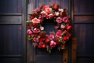 Fototapeta na wymiar close up of holiday wreath on a wooden door