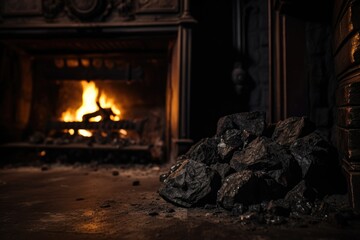 close-up image of a coal piece beside a fireplace