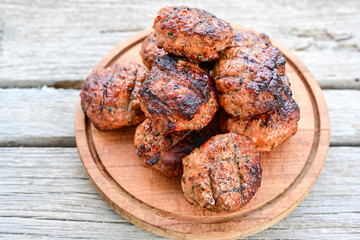 Home made Fried  pork meatballs  outdoor on wooden rustic background