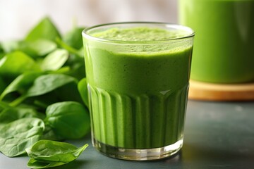 green smoothie in a glass next to spinach leaves