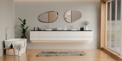 counter with ceramic washbasin and modern style white bathroom 3d render, white wall and mirrors, The room has large windows. 3d render