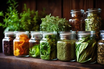 Fototapeta na wymiar close-up of assorted herbs inside of glass jars