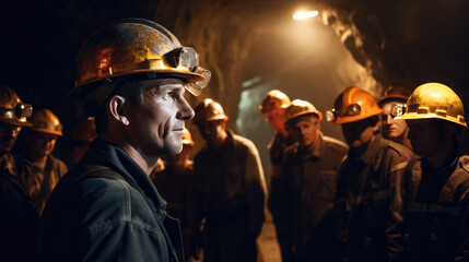 The engineer talking with group labor in the mine tunnel
