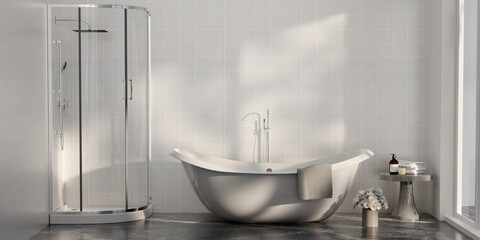 Minimal style white bathroom 3d render, white wall and ceramic floor, The room has large windows. 3d render