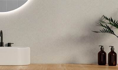 a counter with decoration on top wood with washbasin and modern style white bathroom 3d render, white wall and mirrors.3d render