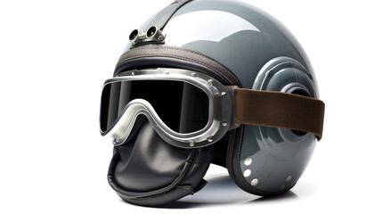 A new grey vintage helmet and wind goggle isolated on white background. Generative Ai