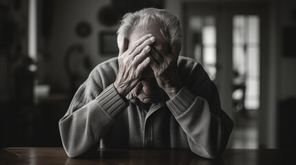 Elderly person suffering from Alzheimer's in the living room - obrazy, fototapety, plakaty