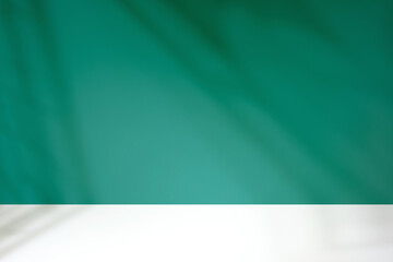 Blank Empty Table 3d Space, White, teal Green scene Background for Product package mock up, Abstract Design with Sun Light on Wall. Interior Studio Room Template, Sunny Desk Mockups Presentation