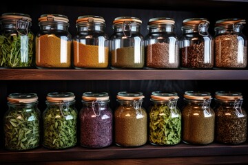 a shelf with glass jars filled with dried herbs