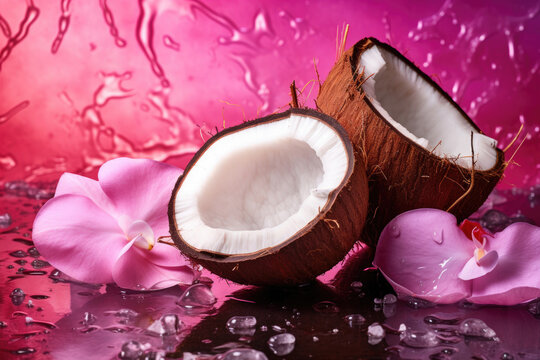 Fresh juicy coconut halves and flowers painted in metallic pink with water drops