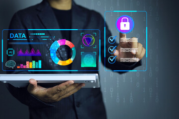 Cyber security data protection concept. Businessman access system verify id process answer security question to protection financial information from cyber attack. Private data encryption safety.