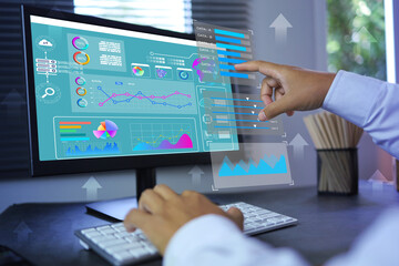 Business data visualization dashboard analytics on pc screen business data scientist with ai analysis and bar, donut, pie chart data summarise management digital market statistic summary analytics.