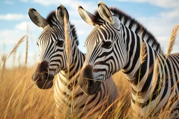 Fototapeten two zebras grazing together in a grassland © altitudevisual