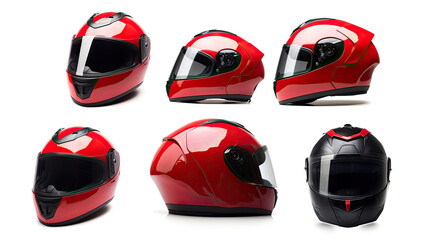 Set collection of red motorcycle carbon integral crash helmet isolated on white background....