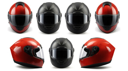 Set collection of red motorcycle carbon integral crash helmet isolated on white background....