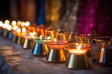 close-up of a kinara holder with candles of differing heights - obrazy, fototapety, plakaty