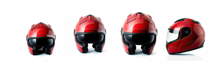 Set collection of red motorcycle carbon integral crash helmet isolated on white background....