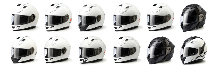 Set collection of White motorcycle carbon integral crash helmet isolated on white background....
