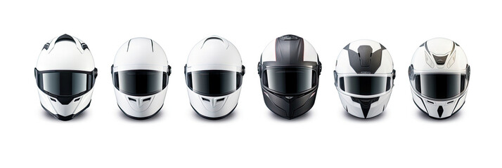 Set collection of White motorcycle carbon integral crash helmet isolated on white background. Generative Ai - obrazy, fototapety, plakaty