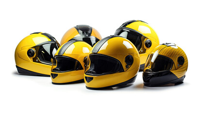 Set collection of yellow motorcycle carbon integral crash helmet isolated on white background. Generative Ai