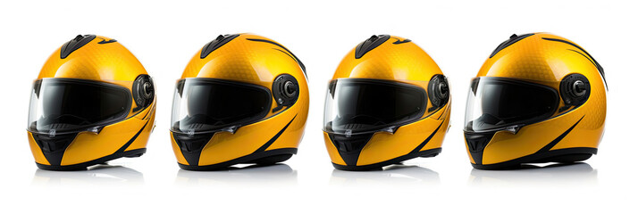 Set collection of yellow motorcycle carbon integral crash helmet isolated on white background....
