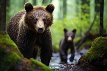 a bear cub following its mother through the forest