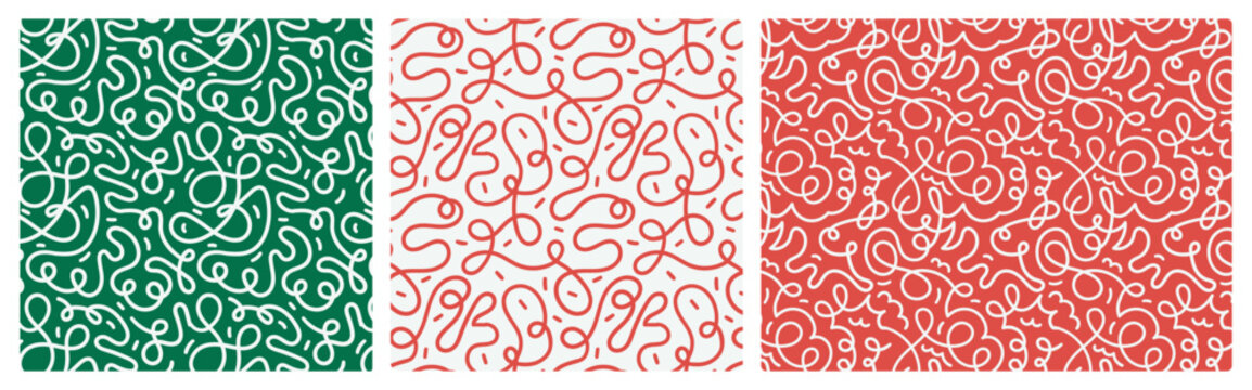 cute squiggle Christmas print with hand drawn doodle scribble backdrops. Red and green New Year background pattern.
