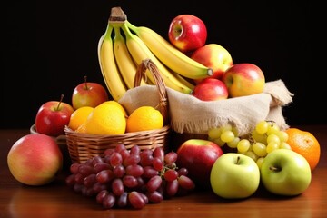 bountiful fruits like apples, oranges, bananas spilling from handmade basket
