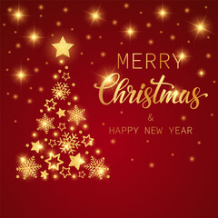 Merry Christmas and Happy New Year greeting card. Christmas tree on a red background of golden snowflakes and stars. Vector illustration.