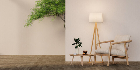 A blank room with sofa and shelf and plant and with Minimal style 3d render, white wall and wood floor, The room has large windows. 3d render