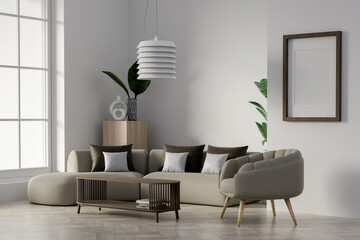 Modern Living room with sofa and decorate plant Minimal style 3d render, white wall and ceramic floor and large window, 3d render.