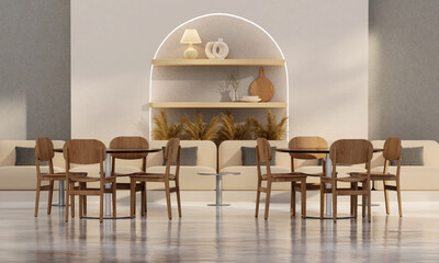 luxury cafe room with dining room table and chair decorate with luxury style 3d render, white wall and ceramic floor 3d render, - obrazy, fototapety, plakaty