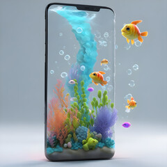 Naklejka premium Smartphone with rainbow water plants fish bubbles seaweed clouds coming out of the screen