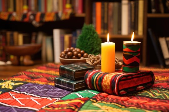 kwanzaa literature near colorful african patchwork quilt
