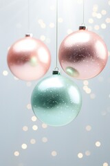Fototapeta na wymiar party background composition of hanging Christmas baubles . New Year celebration concept. Vertical. Pastel