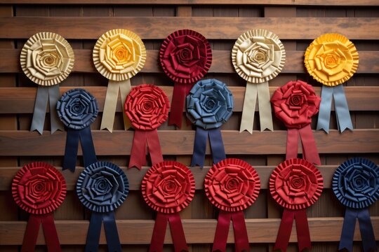 rosettes for horse competitions neatly arranged on a wooden panel
