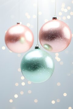 party background composition of hanging Christmas baubles . New Year celebration concept. Vertical. Pastel