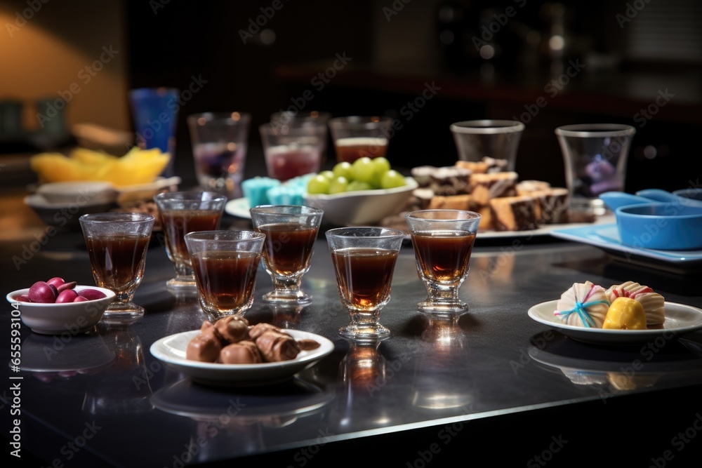 Sticker espresso cups, beverages, and treat on a meeting table